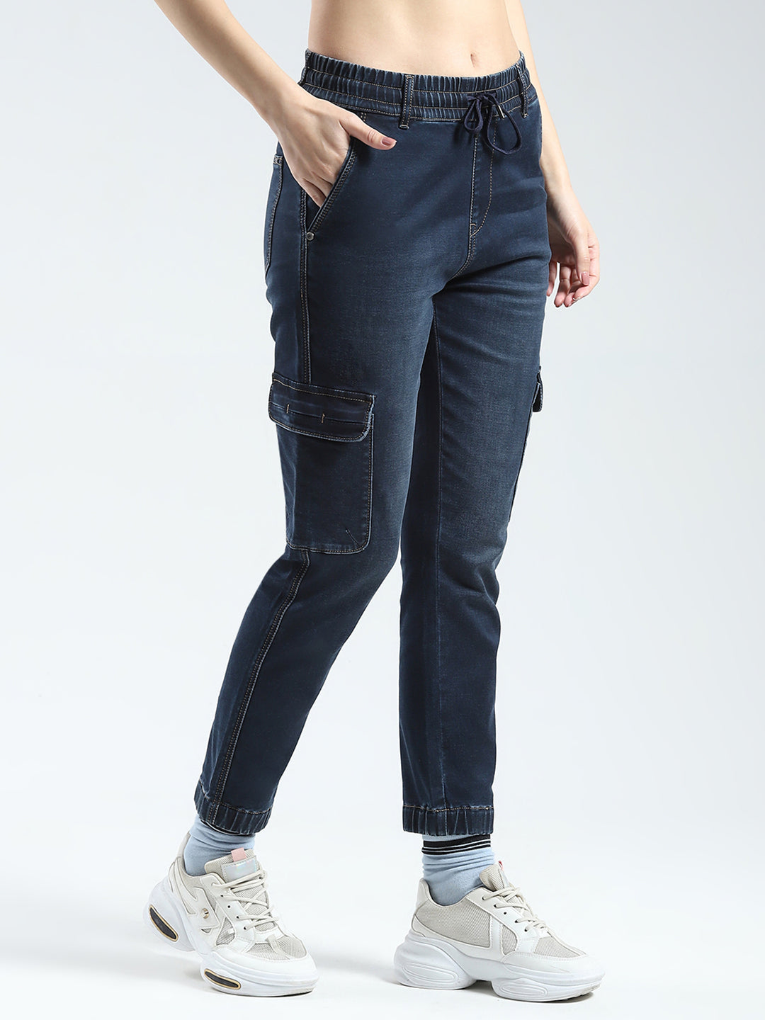 Women Blue Solid Slim Fit Cargo