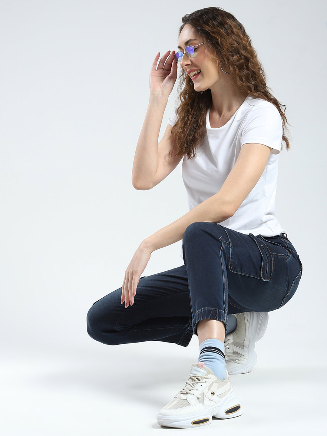 Women Blue Solid Slim Fit Cargo