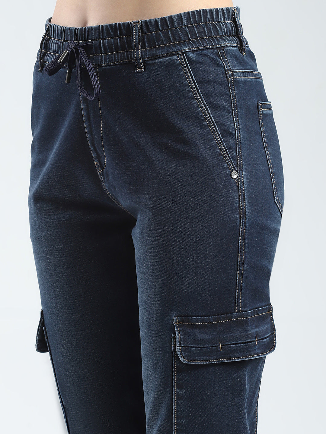 Women Blue Solid Slim Fit Cargo