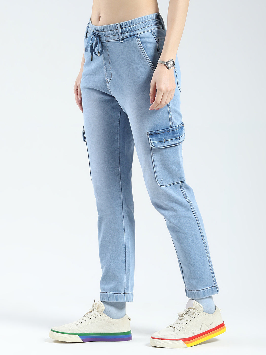 Women Blue Solid Slim Fit Cargo