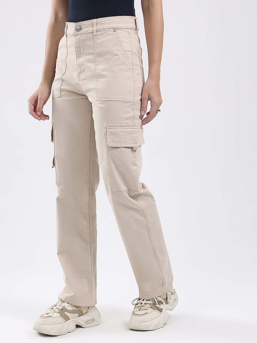 Women Beige Solid Straight Fit Cargo