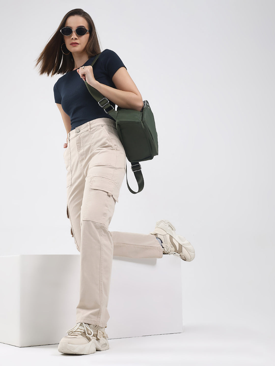 Women Beige Solid Straight Fit Cargo