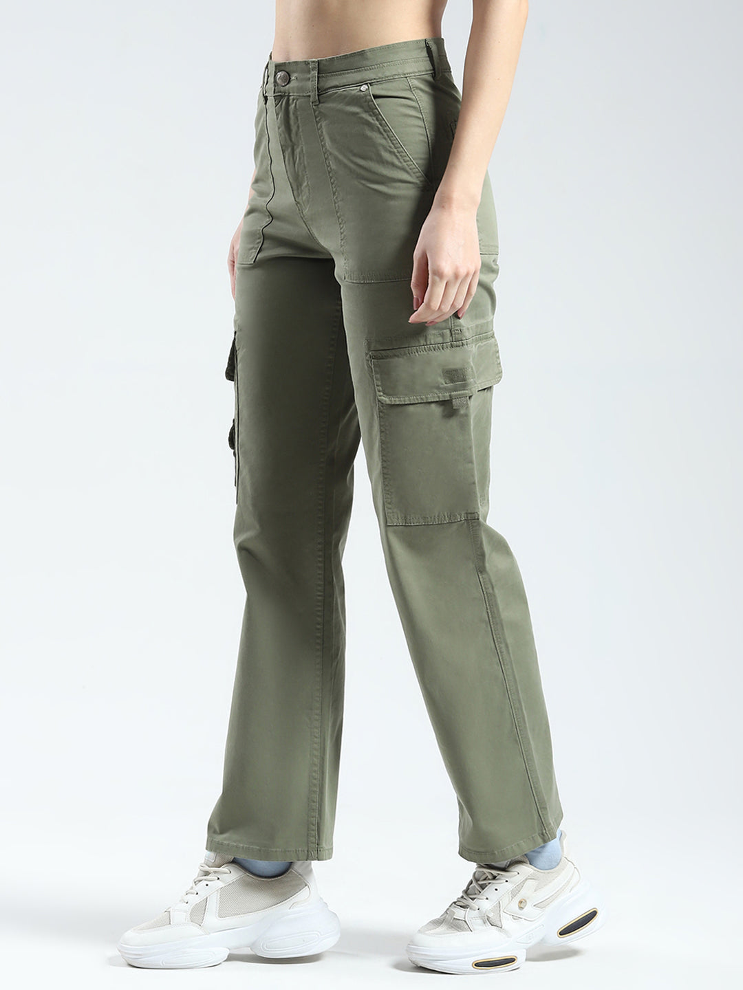 Women Green Solid Straight Fit Cargo