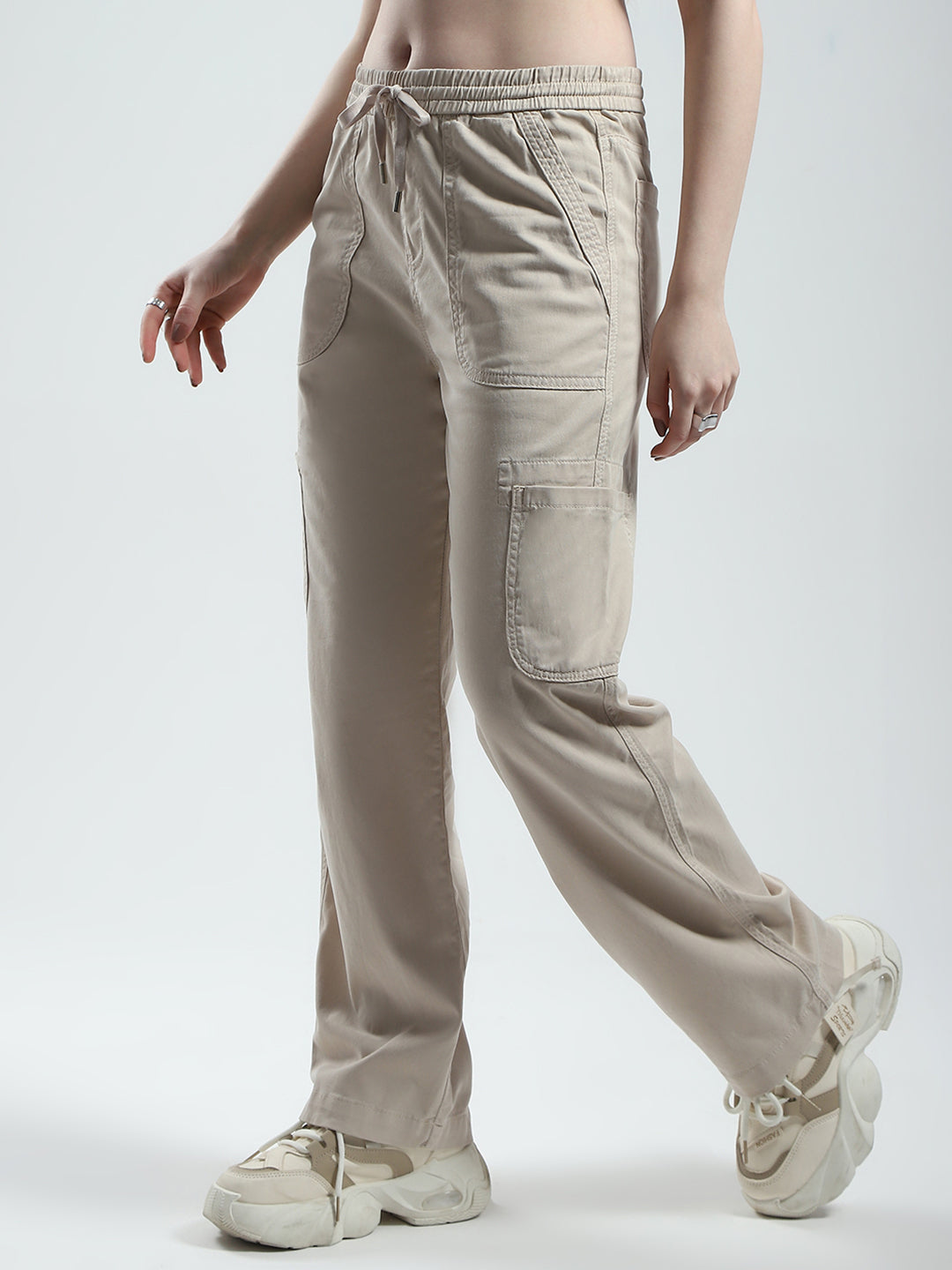Women Beige Solid Straight Fit Cargo