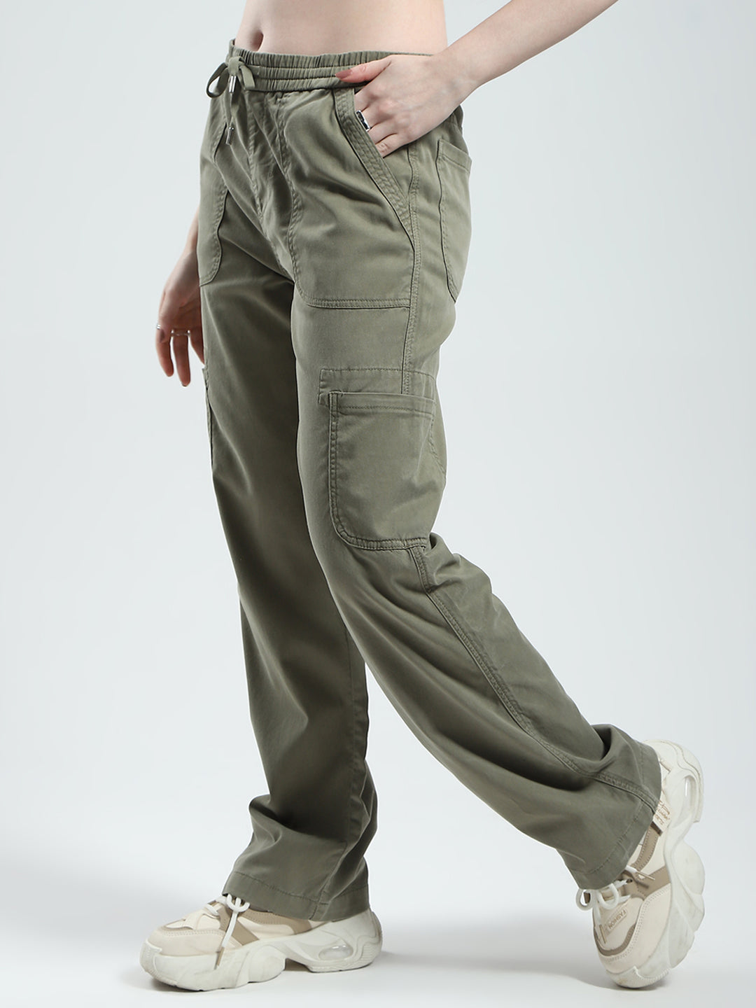 Women Green Solid Straight Fit Cargo