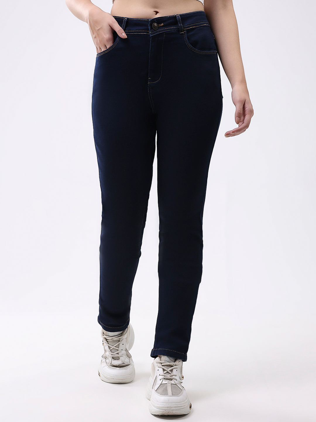 Women Navy Blue Solid Slim Fit Denim