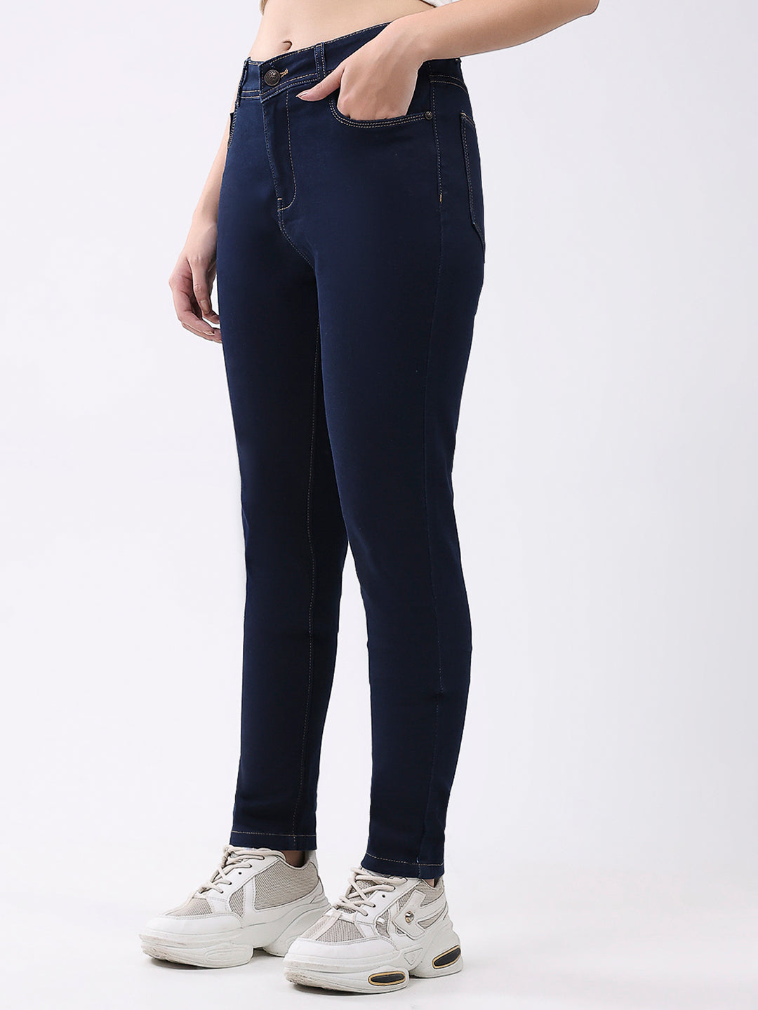Women Navy Blue Solid Slim Fit Denim