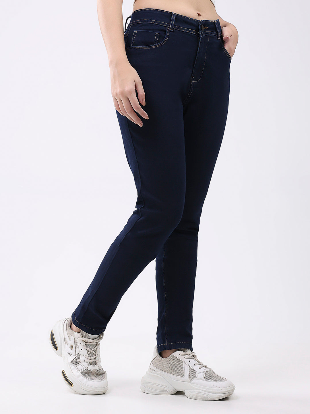 Women Navy Blue Solid Slim Fit Denim