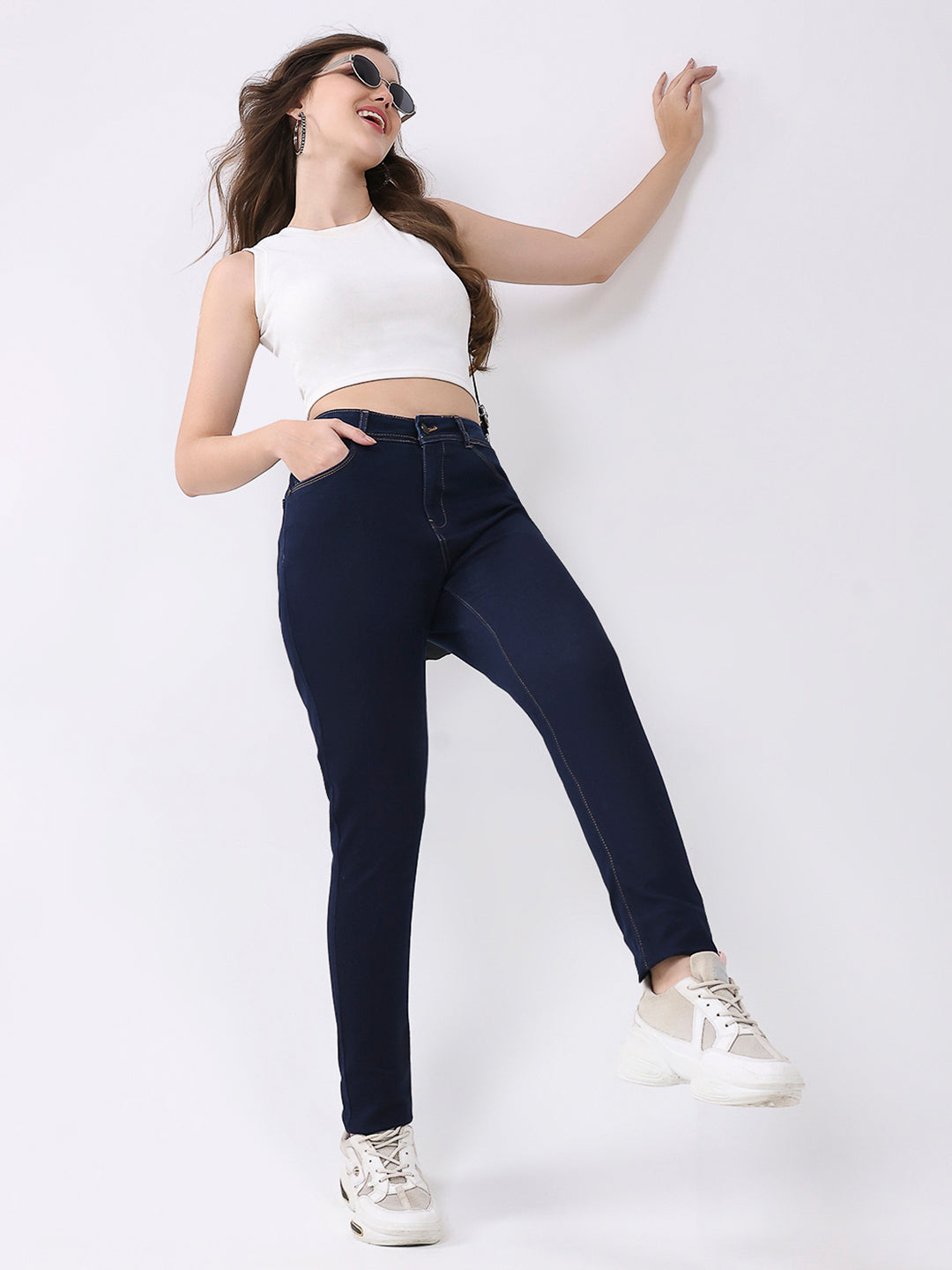 Women Navy Blue Solid Slim Fit Denim