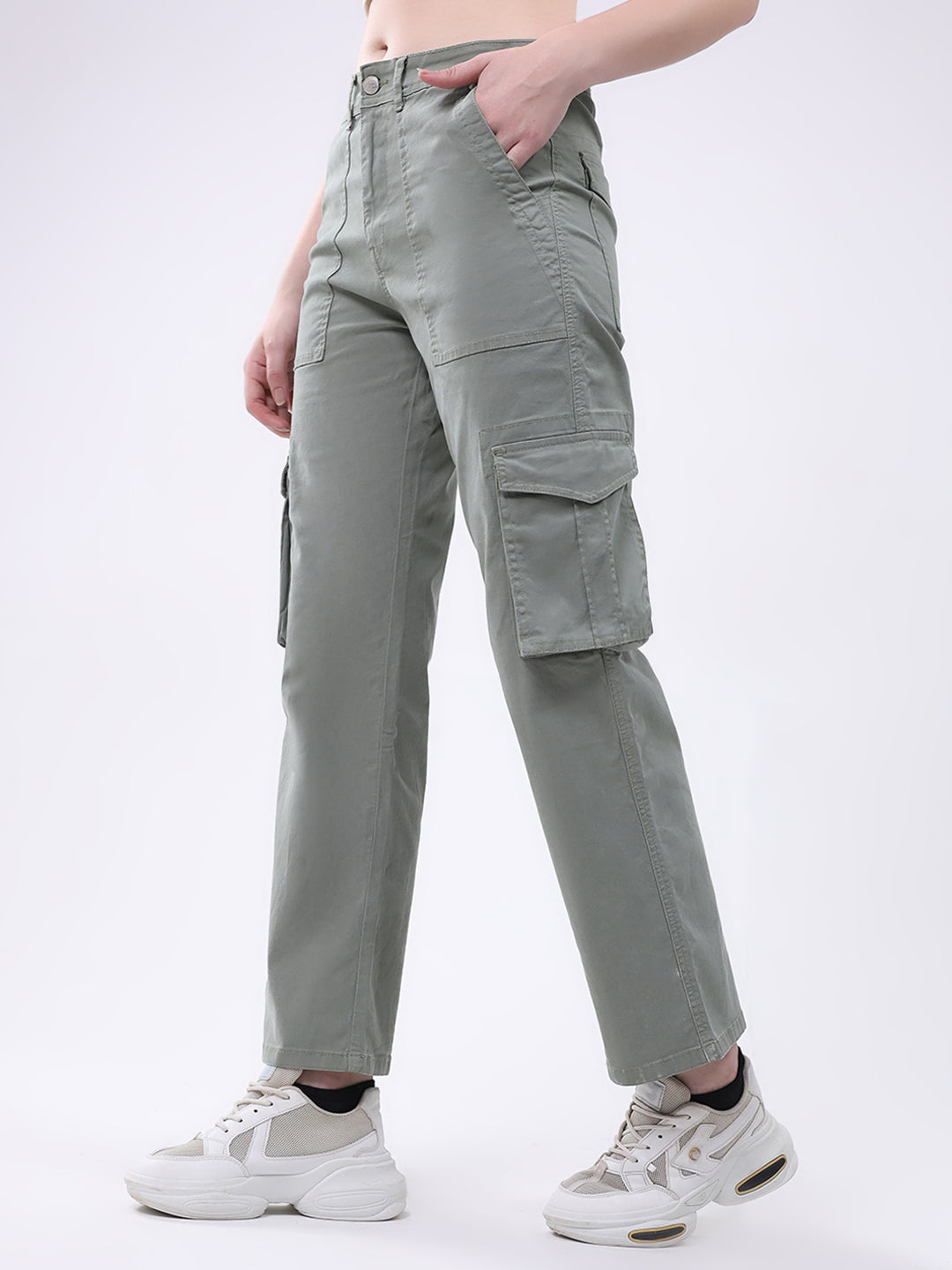 Women Green Solid Straight Fit Cargo