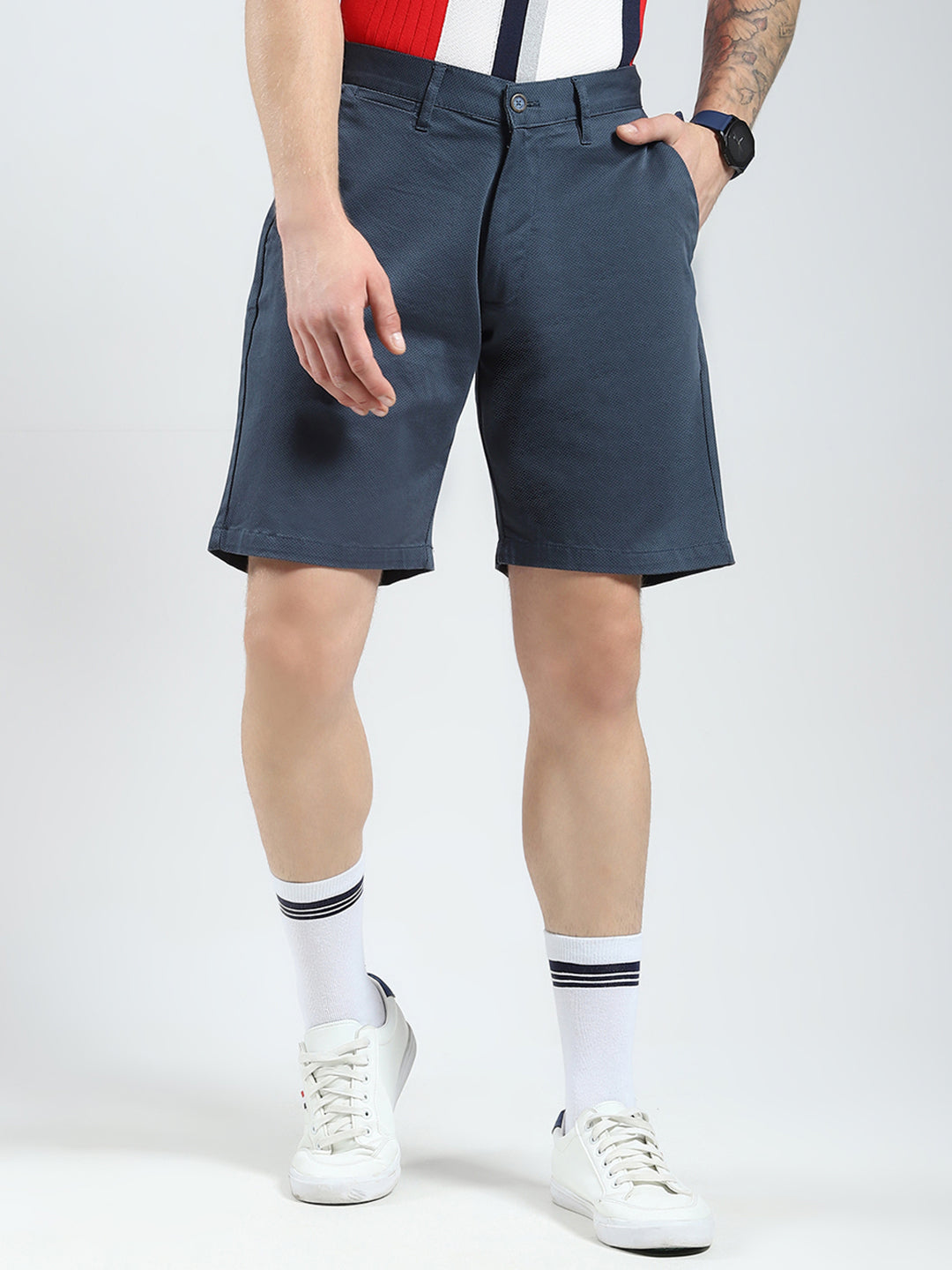 Men Navy Blue Solid Regular Fit Shorts
