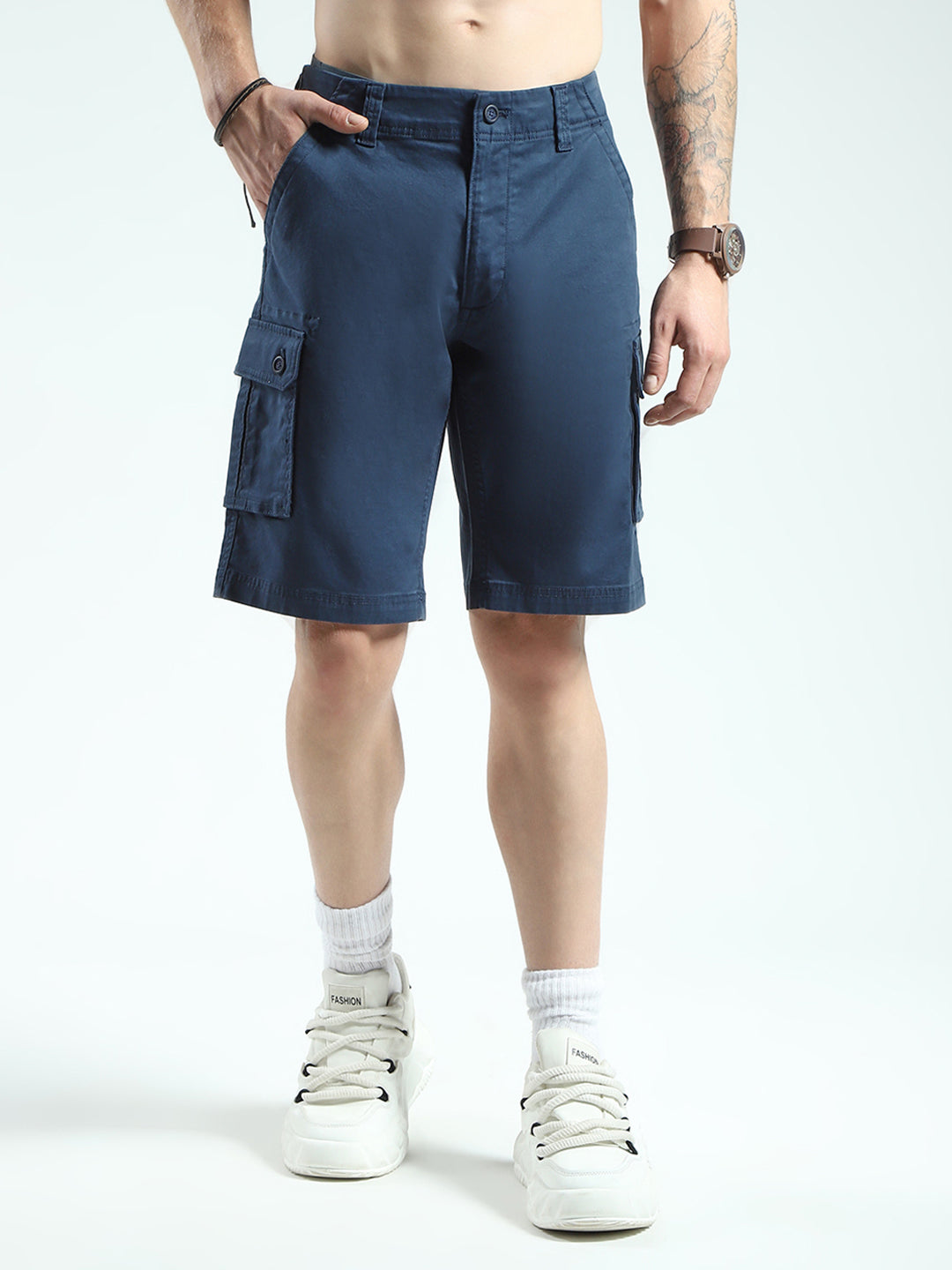 Men Navy Blue Solid Regular Fit Shorts