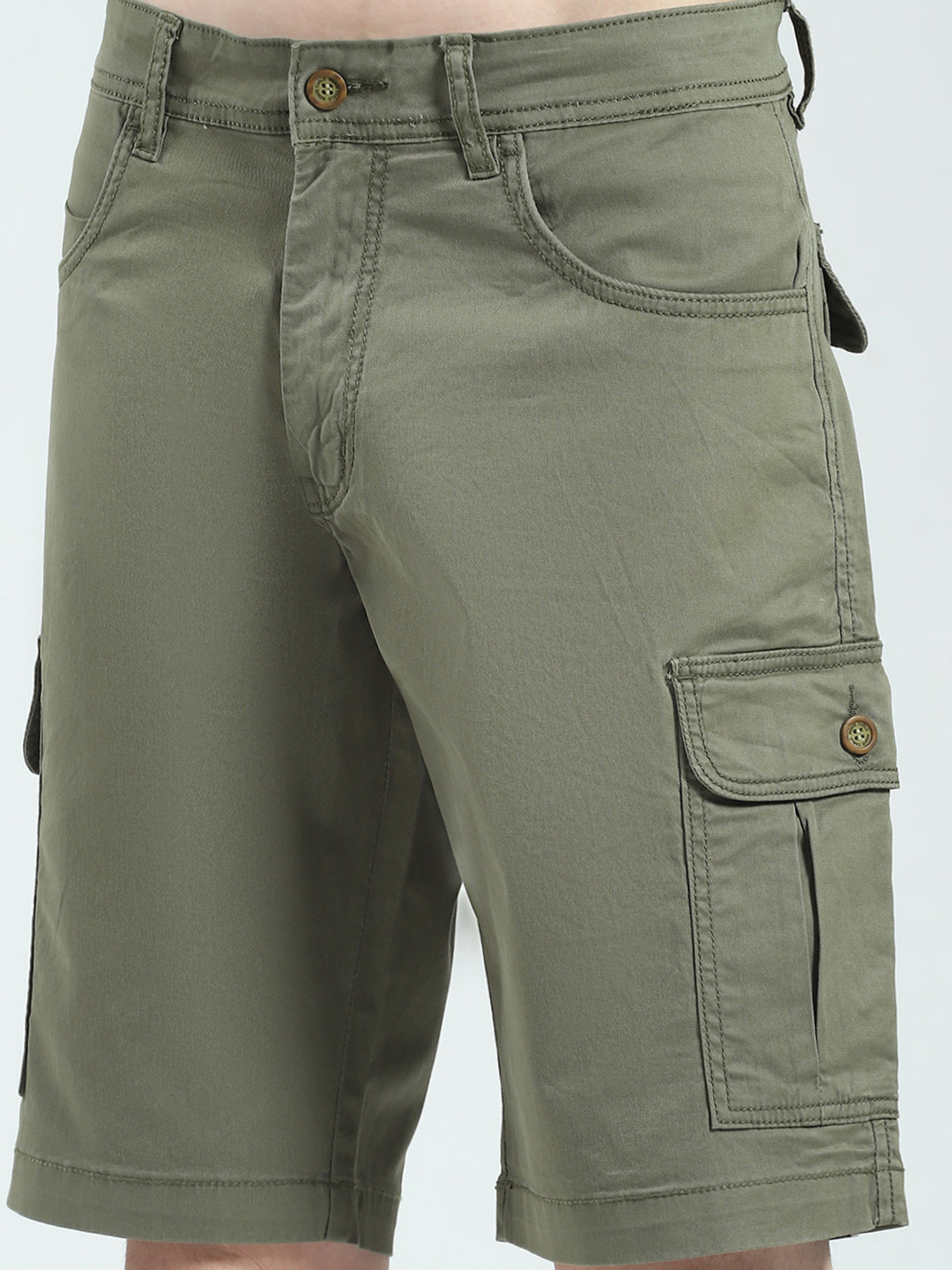Men Olive Solid Regular Fit Shorts