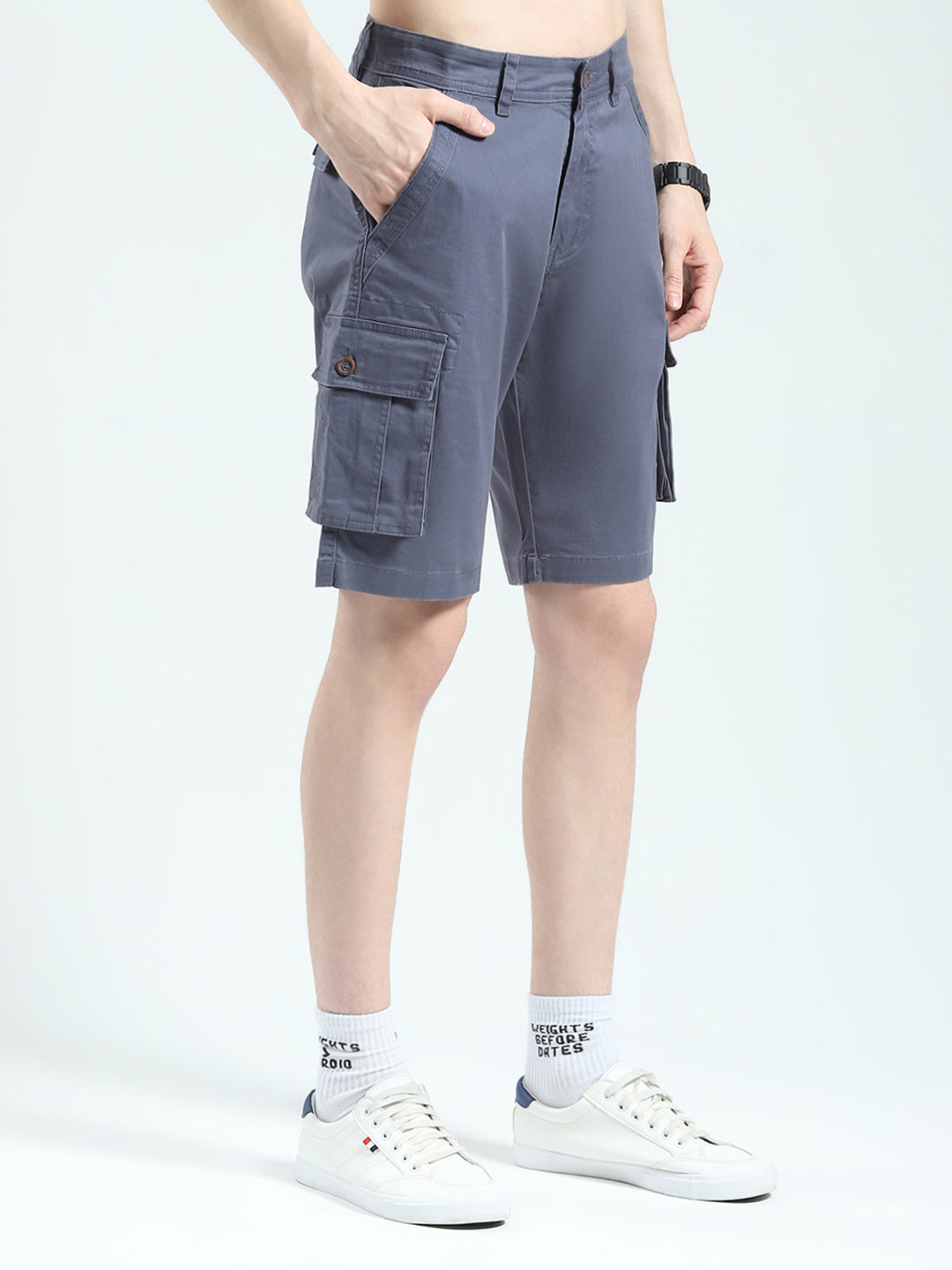 Men Blue Solid Regular Fit Shorts