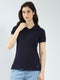 Women Navy Blue Solid Collar Half Sleeve T-Shirt