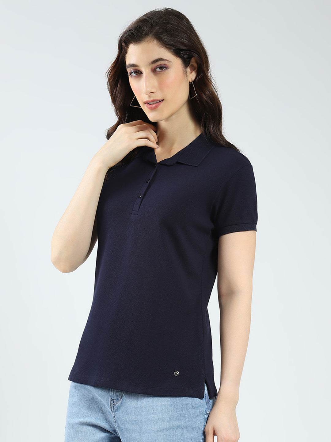 Women Navy Blue Solid Collar Half Sleeve T-Shirt