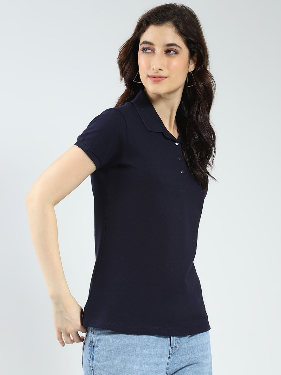 Women Navy Blue Solid Collar Half Sleeve T-Shirt