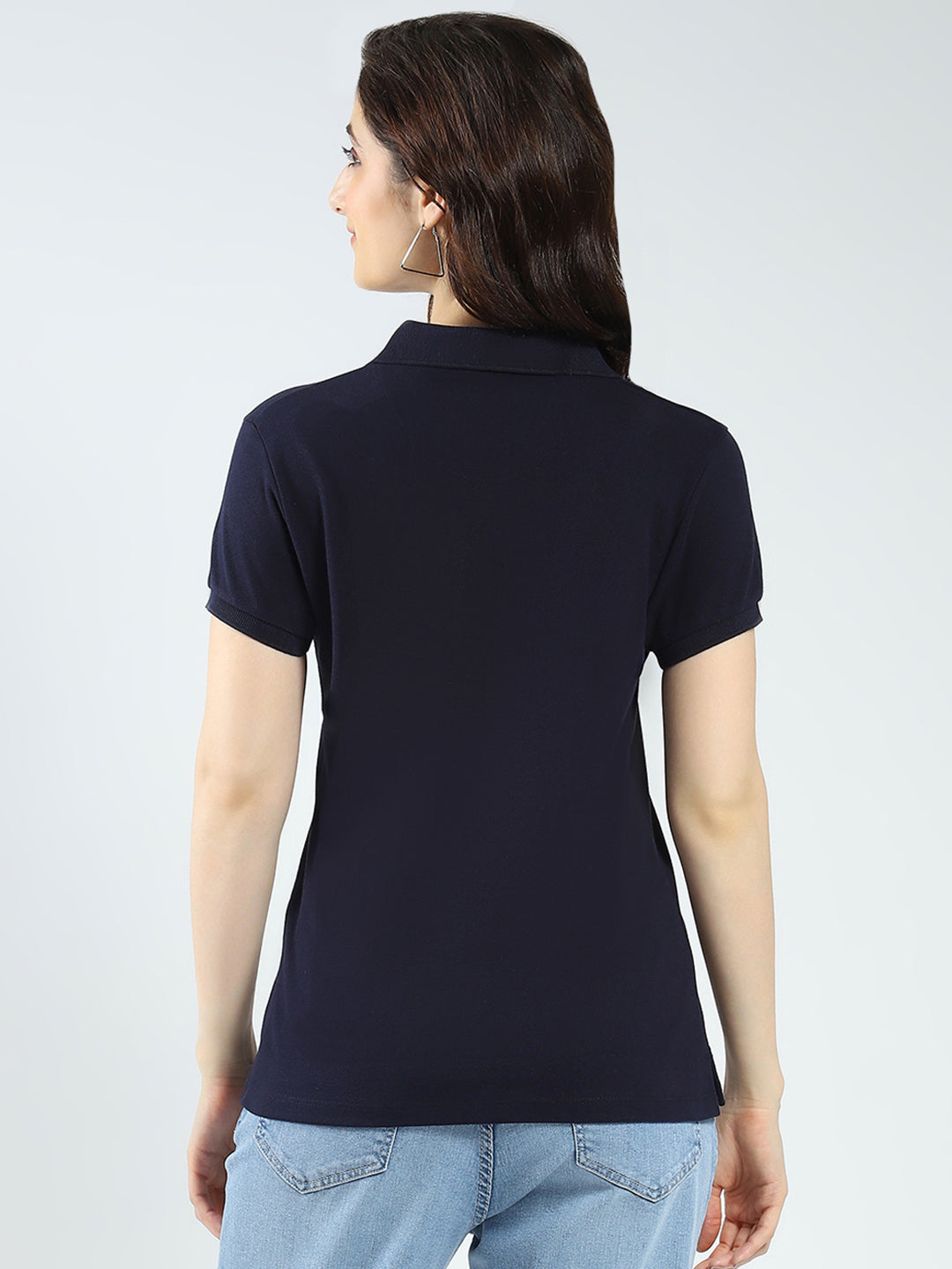 Women Navy Blue Solid Collar Half Sleeve T-Shirt