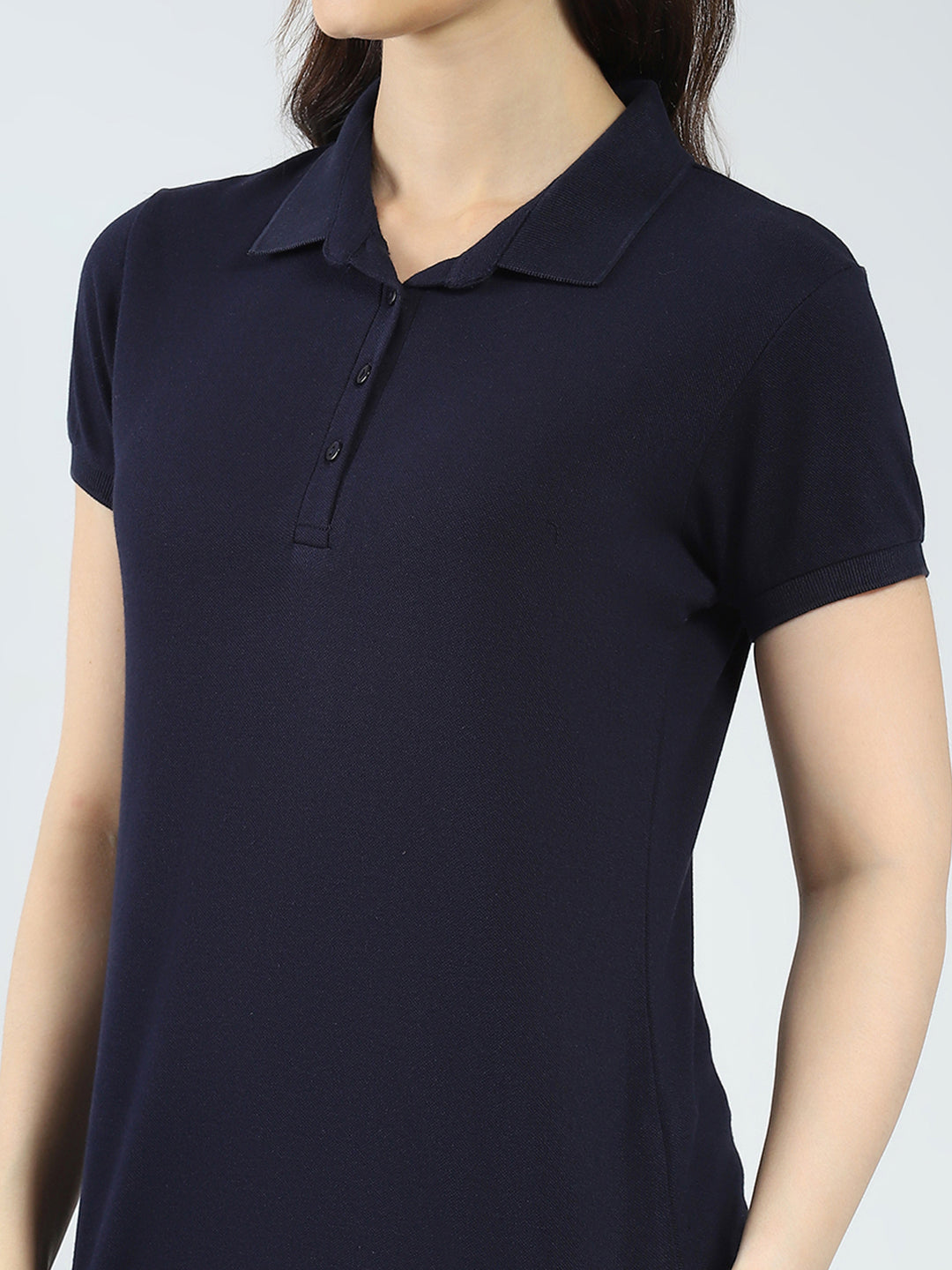 Women Navy Blue Solid Collar Half Sleeve T-Shirt