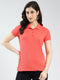 Women Coral Solid Collar Half Sleeve T-Shirt