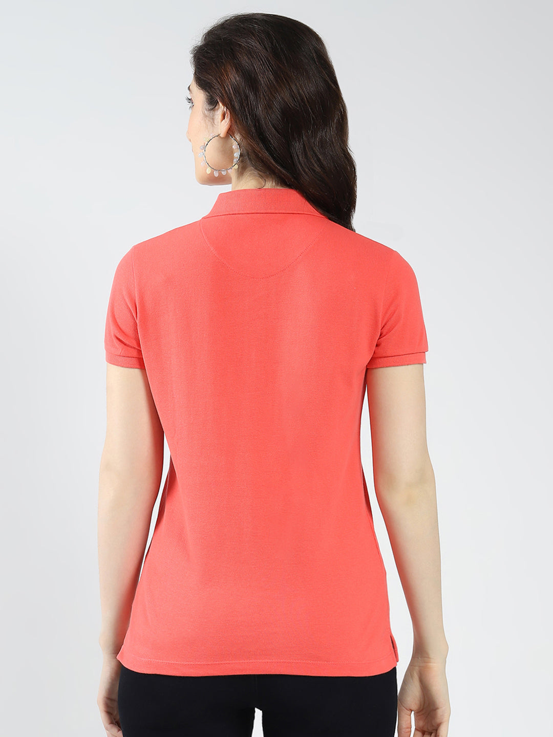 Women Coral Solid Collar Half Sleeve T-Shirt