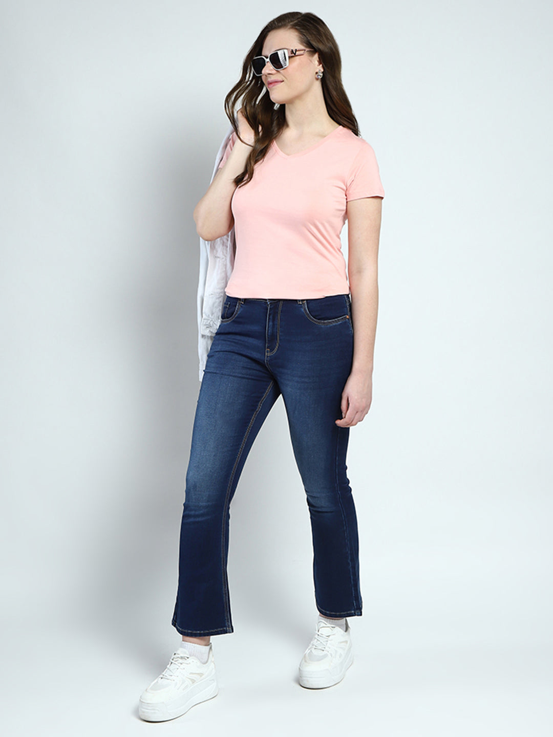 Women Peach Solid V Neck Half Sleeve Top