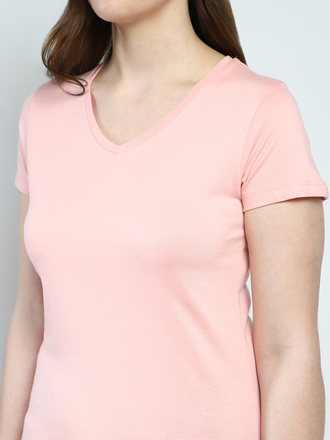 Women Peach Solid V Neck Half Sleeve Top