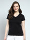 Women Black Solid V Neck Half Sleeve Top
