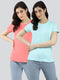 Women Blue & Coral Solid Round Neck Half Sleeve Top 2Pc Set