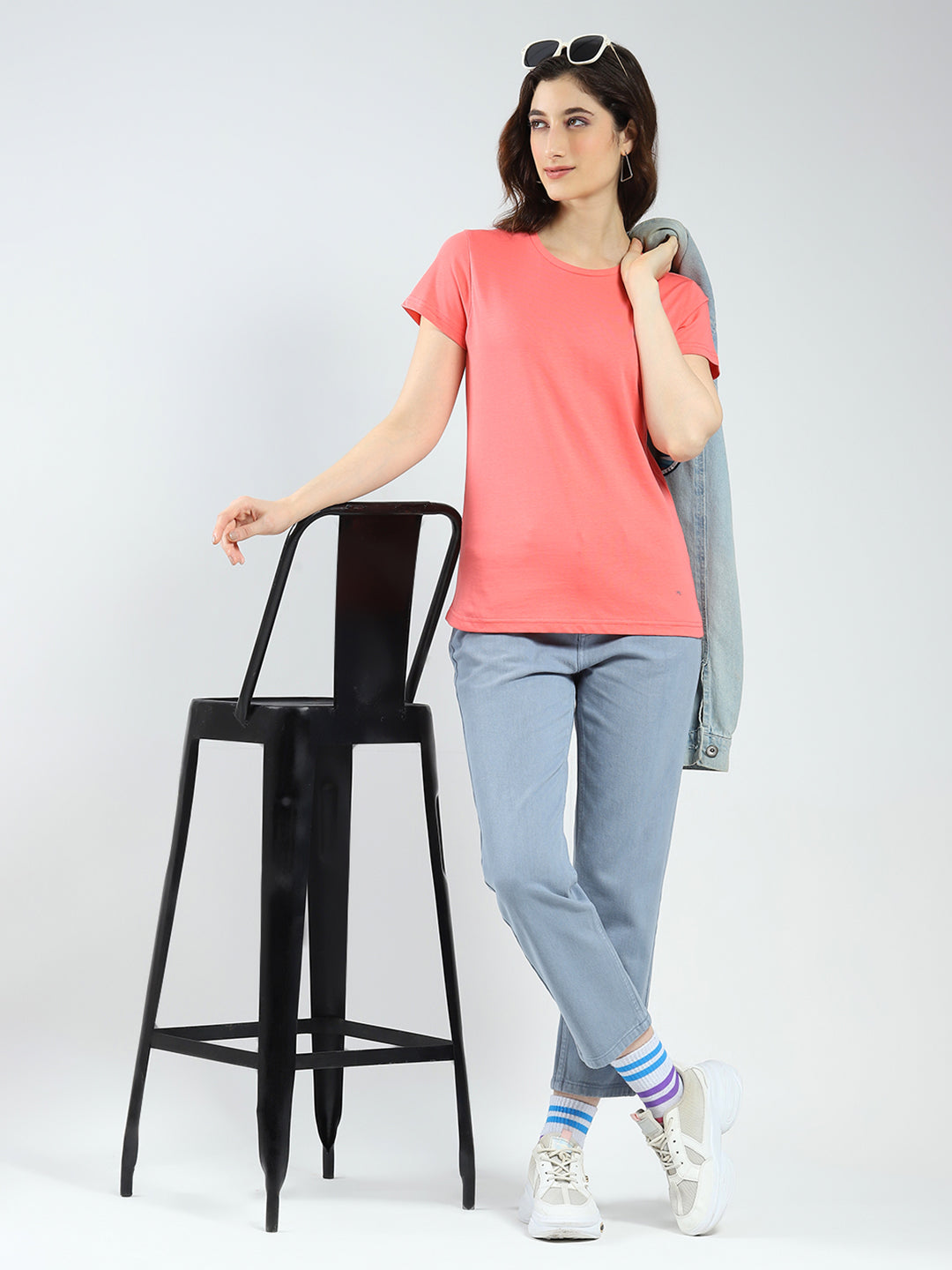 Women Blue & Coral Solid Round Neck Half Sleeve Top 2Pc Set