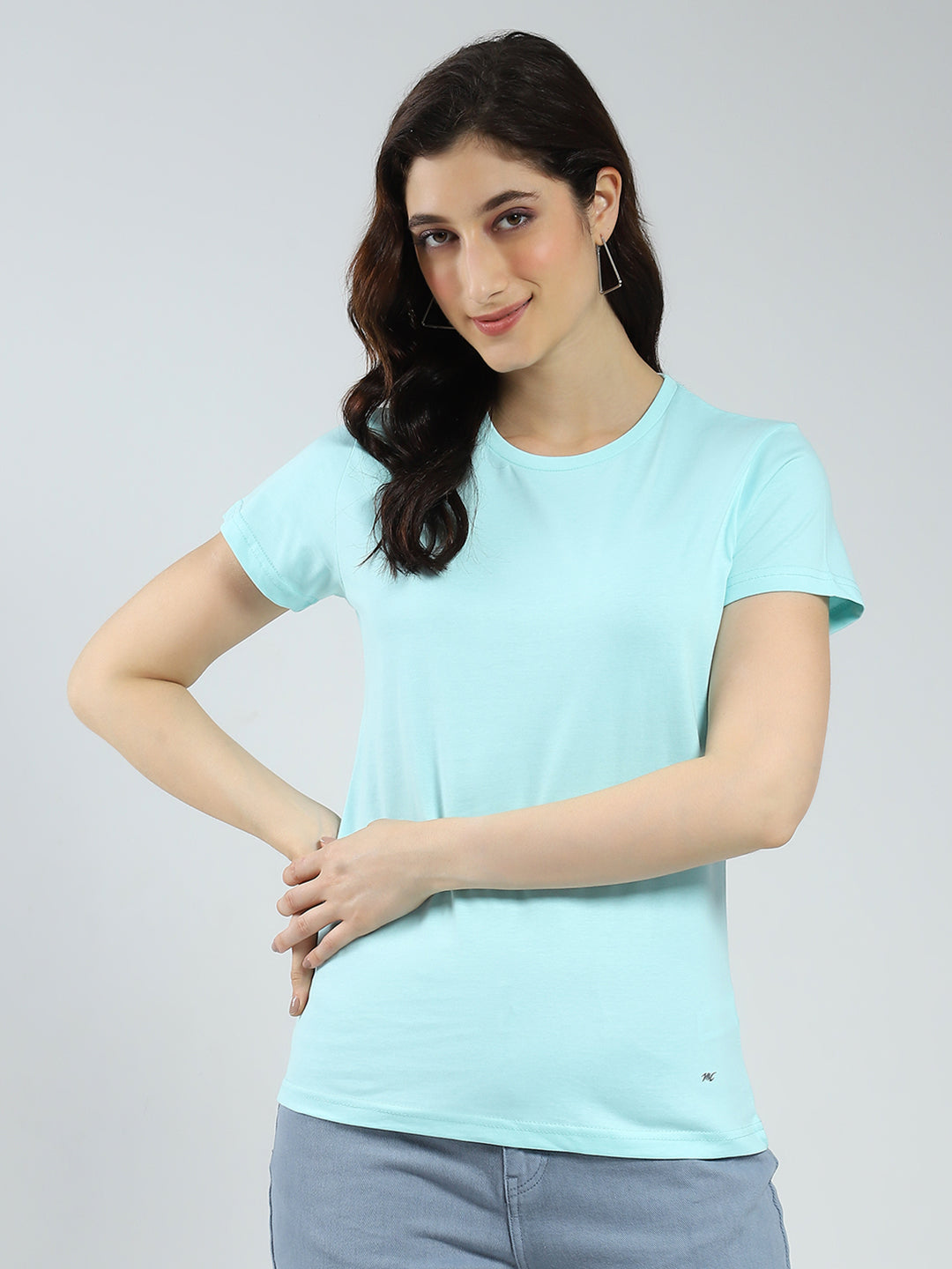 Women Blue & Coral Solid Round Neck Half Sleeve Top 2Pc Set