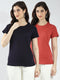 Women Navy Blue & Rust Solid Round Neck Half Sleeve Top 2Pc Set