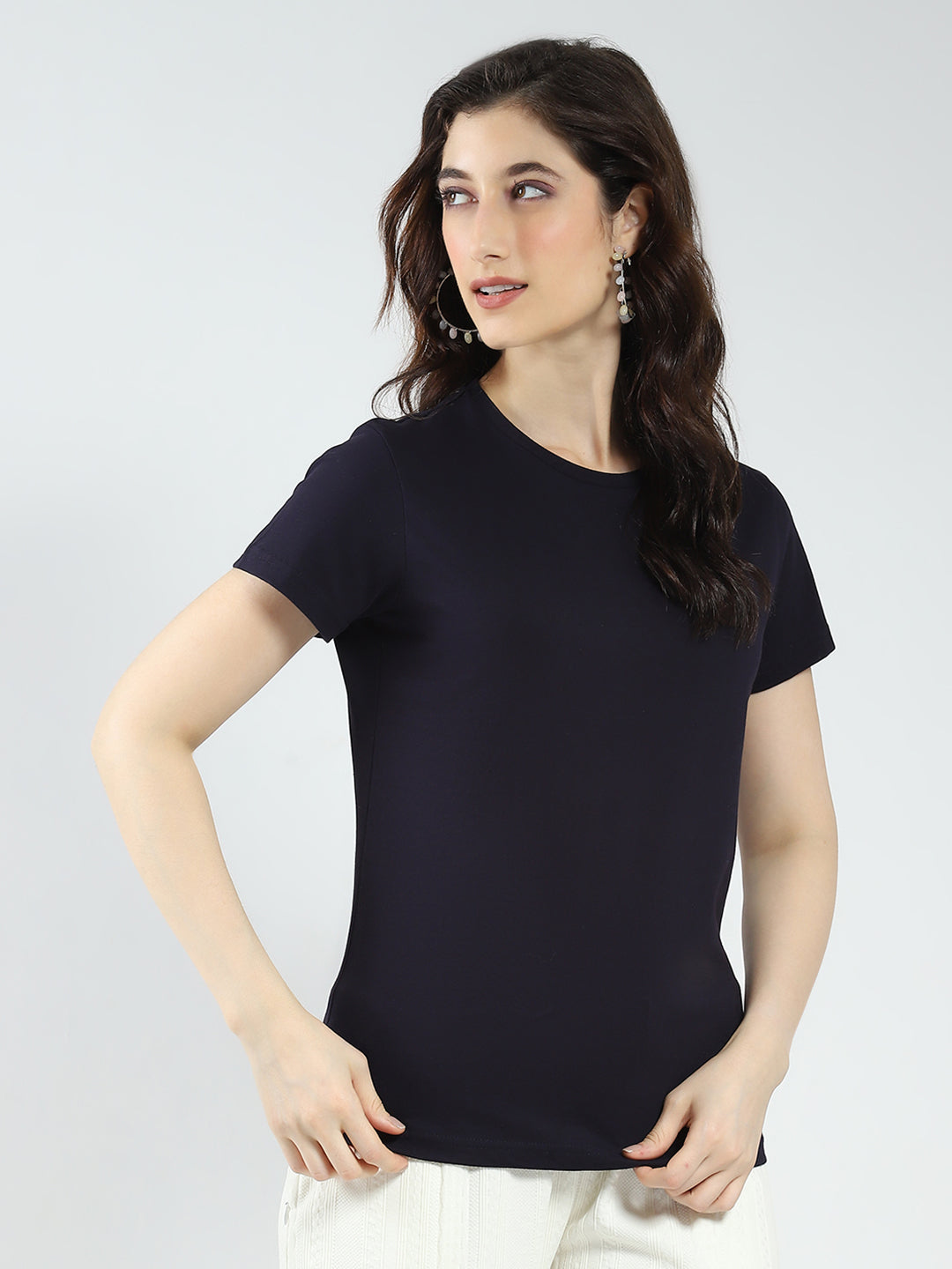 Women Navy Blue & Rust Solid Round Neck Half Sleeve Top 2Pc Set