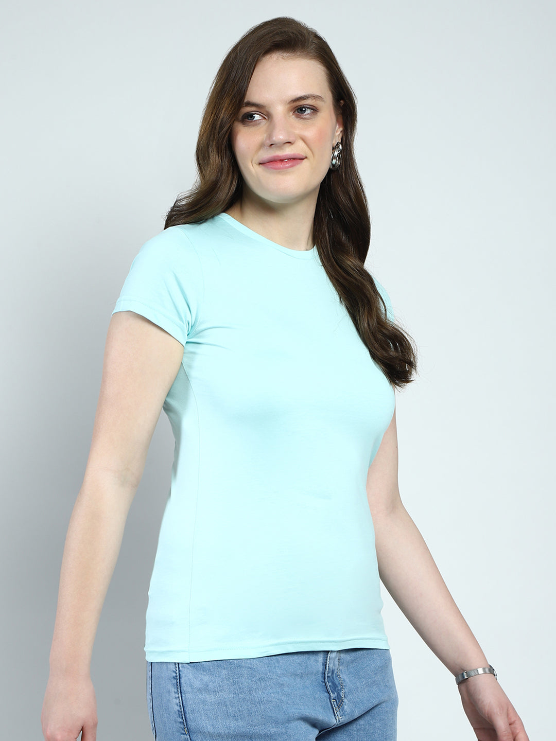 Women Blue Solid Round Neck Half Sleeve Top
