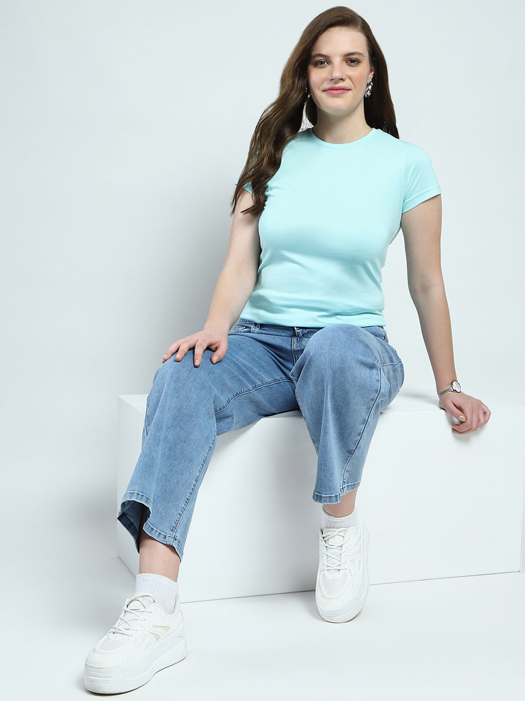 Women Blue Solid Round Neck Half Sleeve Top