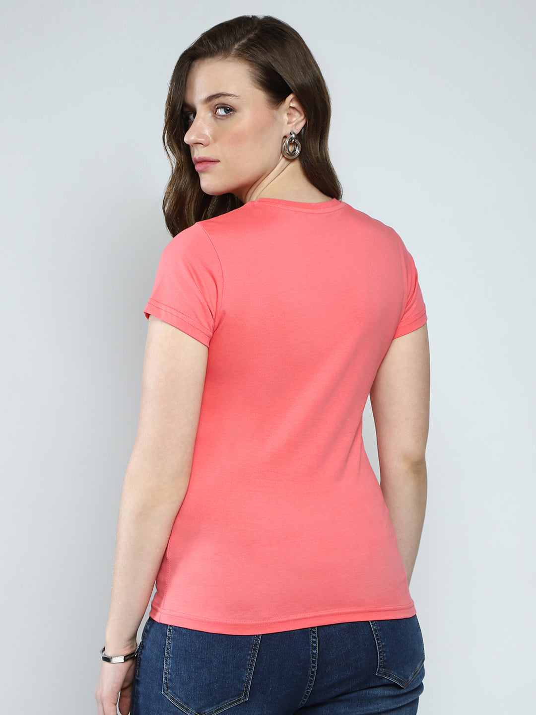 Women Coral Solid Round Neck Half Sleeve Top