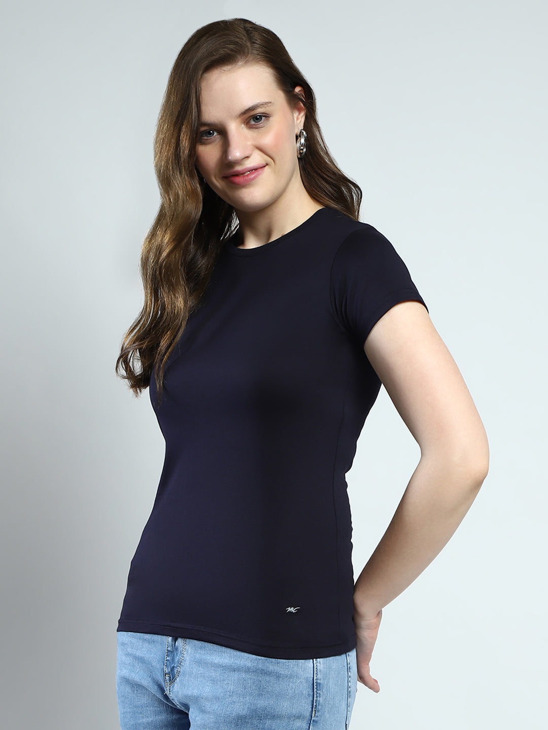 Women Navy Blue Solid Round Neck Half Sleeve Top