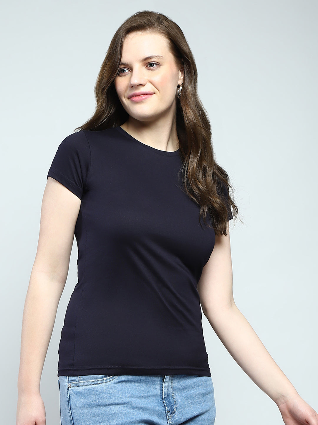 Women Navy Blue Solid Round Neck Half Sleeve Top