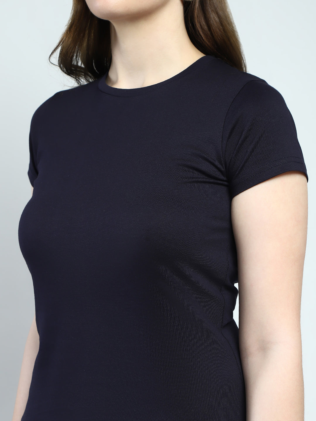 Women Navy Blue Solid Round Neck Half Sleeve Top