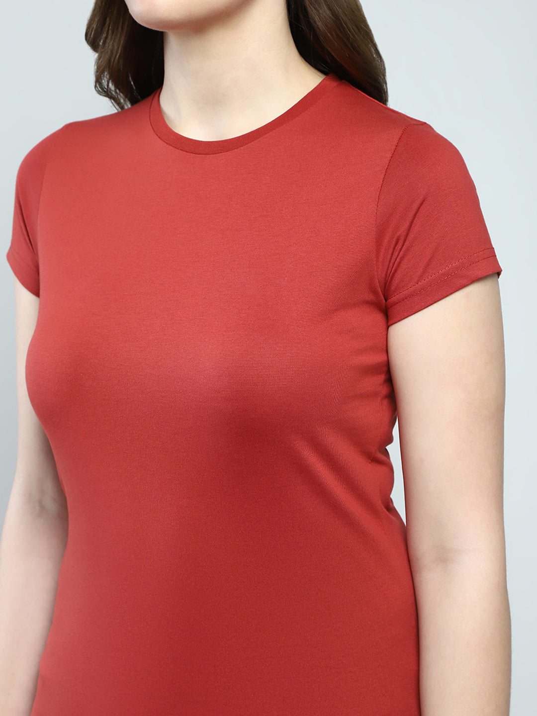 Women Rust Solid Round Neck Half Sleeve Top