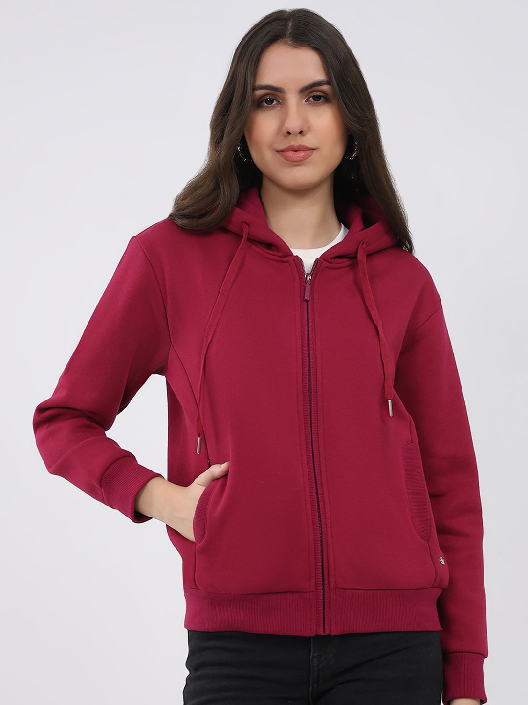 Women Maroon Solid Hooded Full Sleeve Sweatshirt