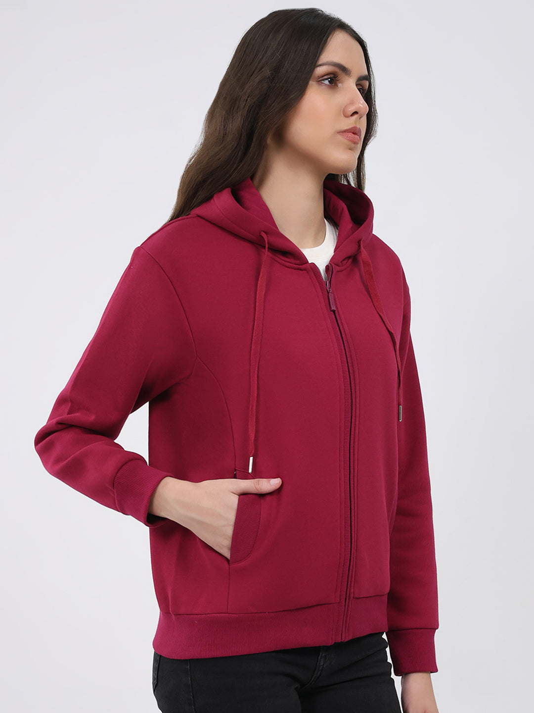 Women Maroon Solid Hooded Full Sleeve Sweatshirt