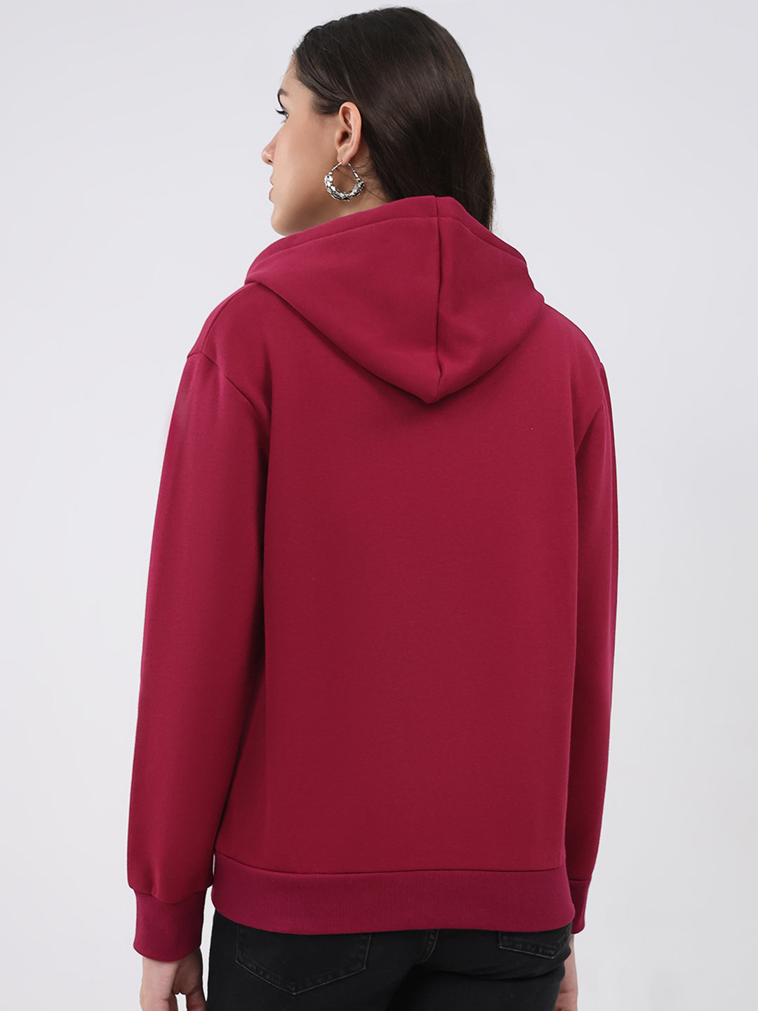 Women Maroon Solid Hooded Full Sleeve Sweatshirt