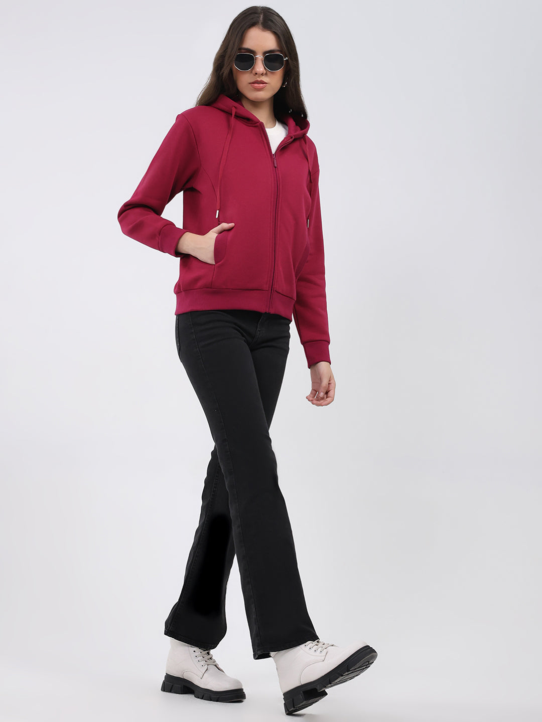Women Maroon Solid Hooded Full Sleeve Sweatshirt