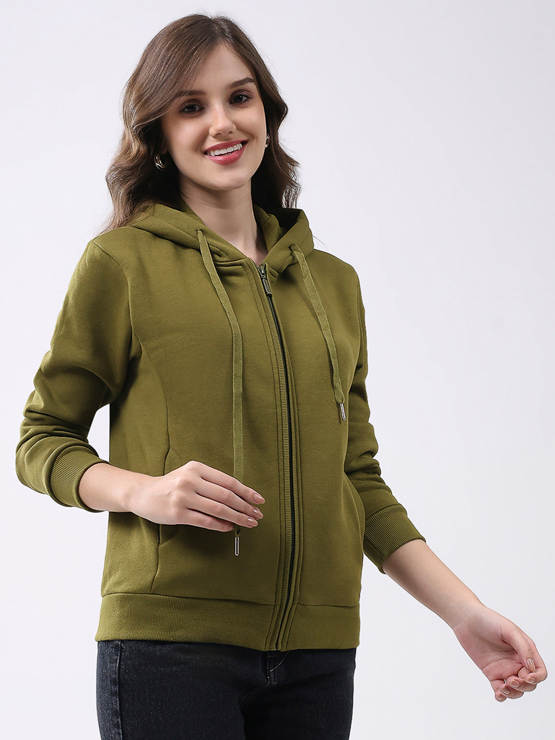 Women Olive Solid Hooded Full Sleeve Sweatshirt