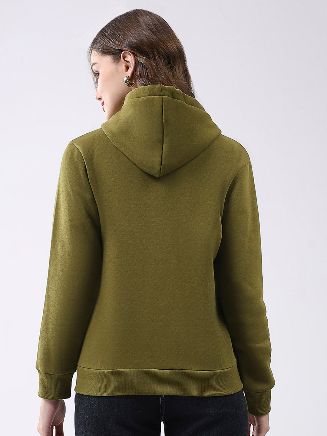 Women Olive Solid Hooded Full Sleeve Sweatshirt