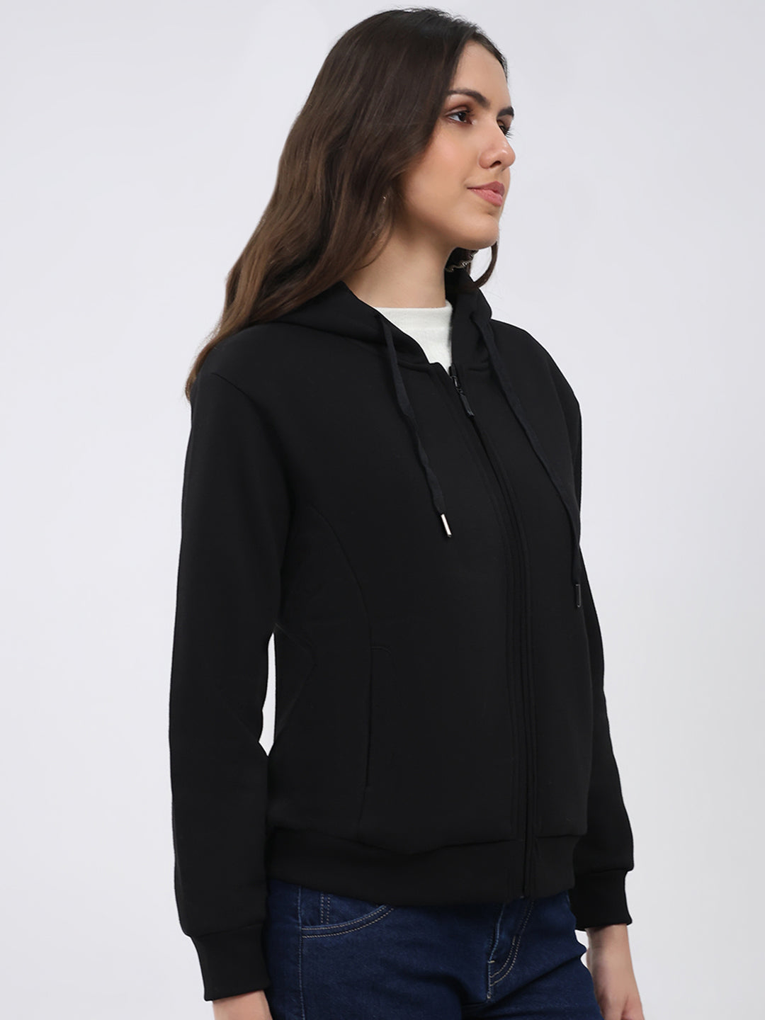 Women Black Solid Hooded Full Sleeve Sweatshirt