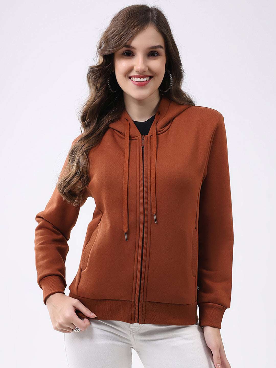 Women Rust Solid Hooded Full Sleeve Sweatshirt
