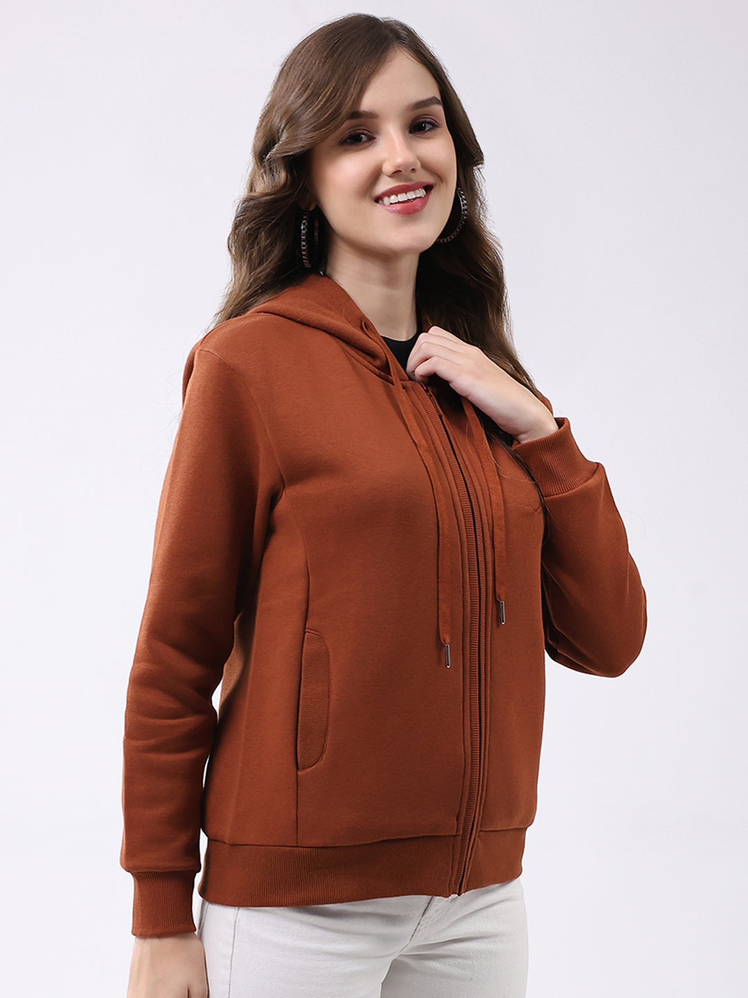 Women Rust Solid Hooded Full Sleeve Sweatshirt
