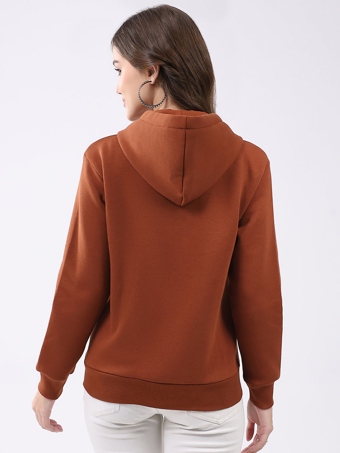 Women Rust Solid Hooded Full Sleeve Sweatshirt